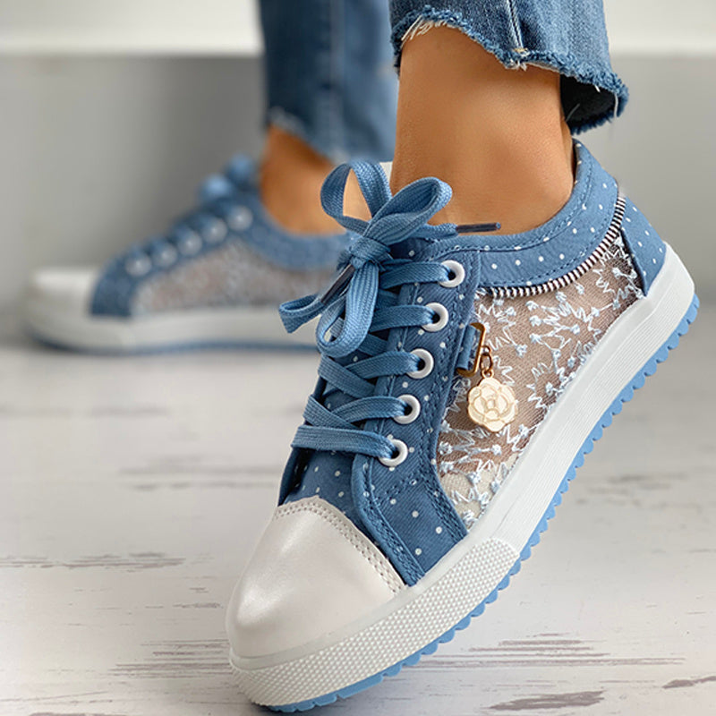 Floral Embroidered Polka Dot Print Sneakers — Women’s Casual Canvas Shoes FitiqueFit
