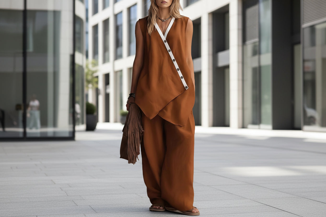 Women's Boho V-Neck Button Vest & Wide-Leg Pants Set FitiqueFit