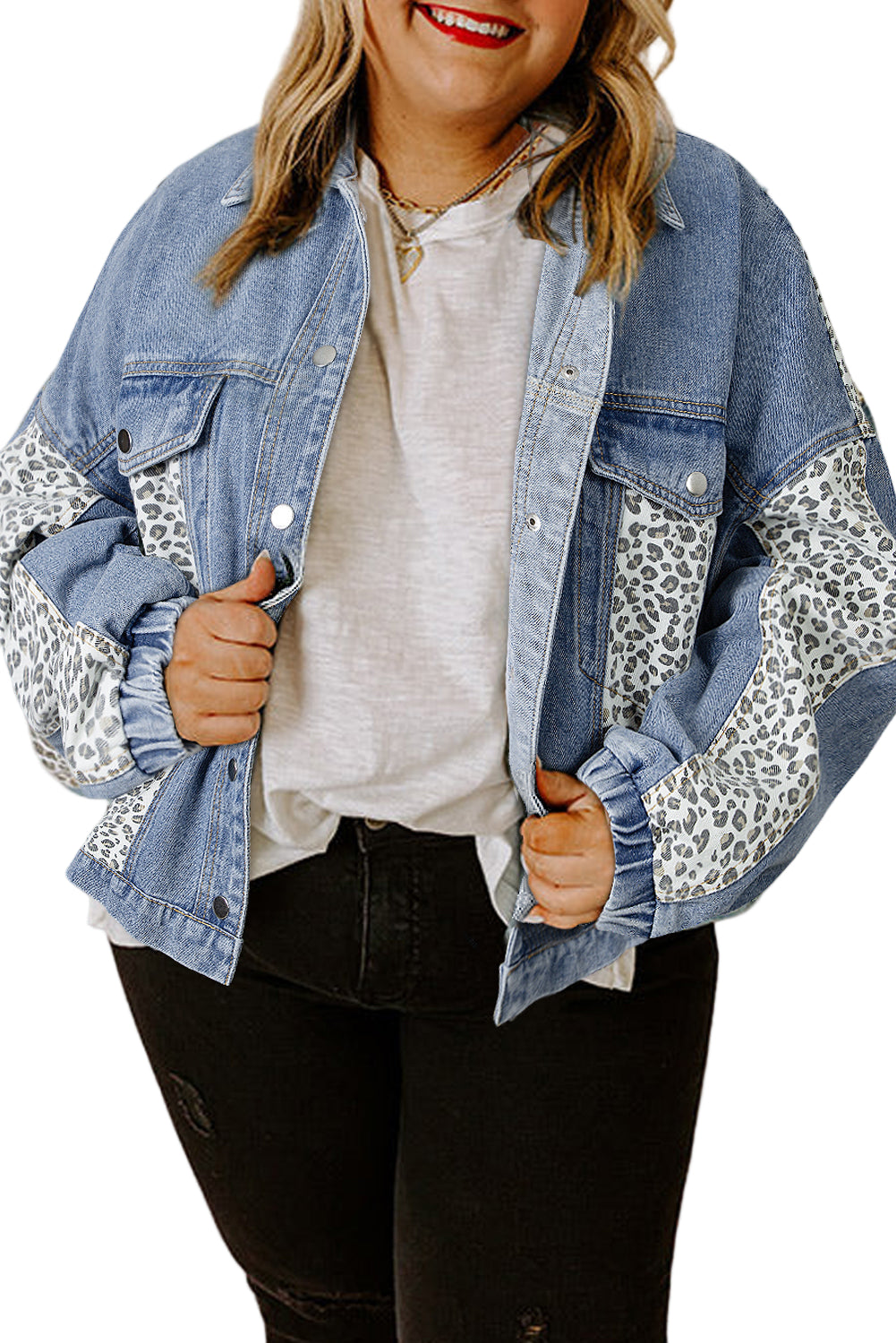 Beau Blue Leopard Patchwork Flap Detail Plus Size Denim Jacket Garden Naked Curves