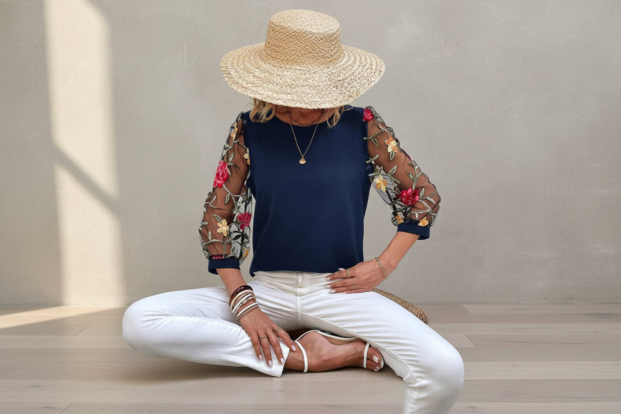 Women's Mesh Patchwork Three-Quarter Sleeve Top – Casual Chic FitiqueFit