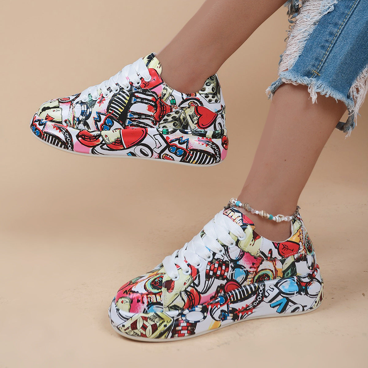 Round-Toe Thick-Sole Lace-Up Sneakers — Women’s Casual Print Shoes FitiqueFit