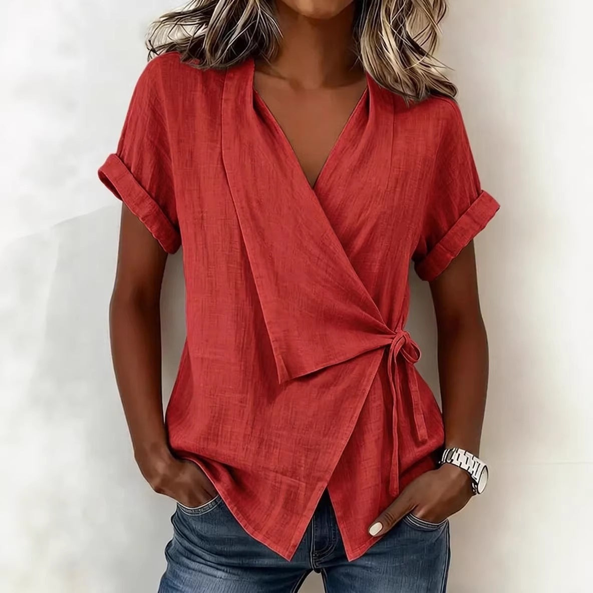Women's Casual Lapel Collar Lace-Up Short-Sleeve Linen Top FitiqueFit