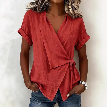 Women's Casual Lapel Collar Lace-Up Short-Sleeve Linen Top FitiqueFit