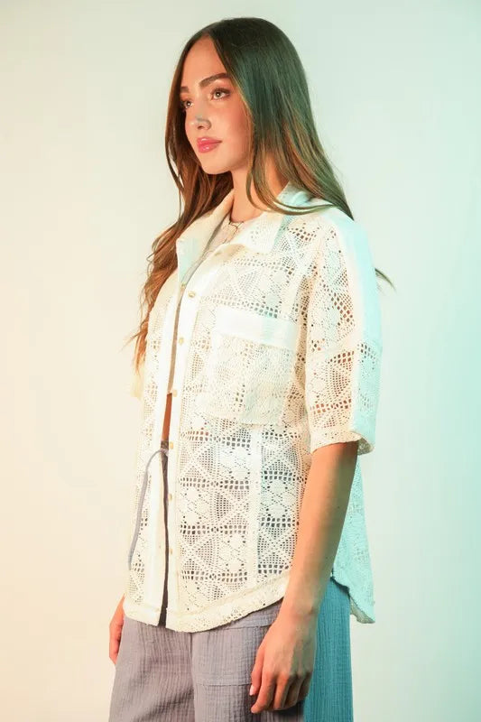 VERY J Plus Size Oversized Crochet Button Down Shirt Top See size chart under “more details” The Fashion Celestial