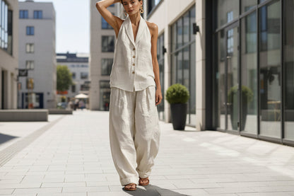 Women's Sleeveless Vest & Wide-Leg Pants Cotton-Linen Two-Piece Set FitiqueFit