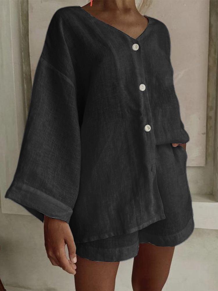 Women's Cotton Linen Shirt & Shorts Set – Long Sleeve, Button, Casual 2-Piece FitiqueFit