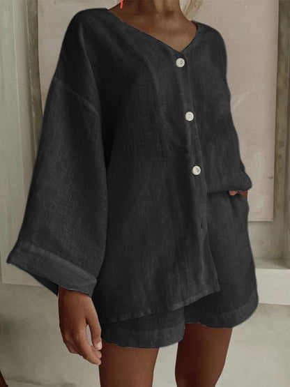 Women's Cotton Linen Shirt & Shorts Set – Long Sleeve, Button, Casual 2-Piece FitiqueFit