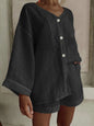 Women's Cotton Linen Shirt & Shorts Set – Long Sleeve, Button, Casual 2-Piece FitiqueFit