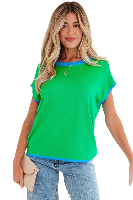 Contrast Trim Crewneck Short Sleeve Sweater Shop Style & More | Fresh Looks, Everyday Deals & Free Shipping