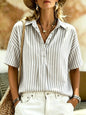Women's Striped Short-Sleeve Shirt with Turn-Down Collar FitiqueFit