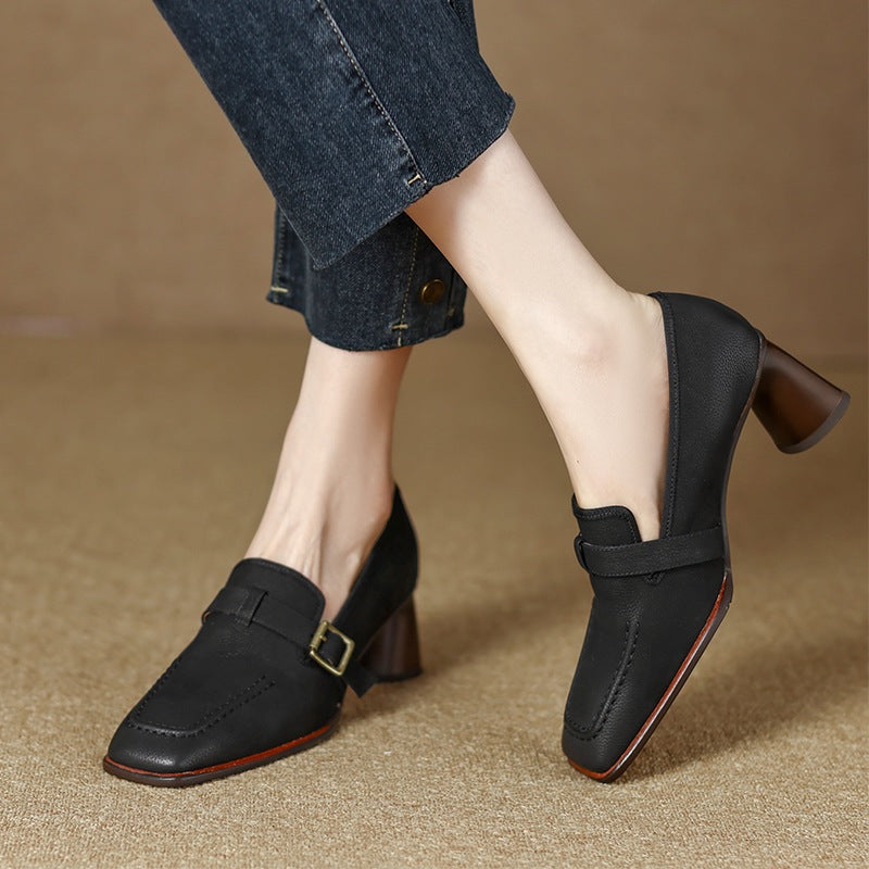 Women's Retro British Style Chunky Heel Leather Shoes – Round Toe Commuter FitiqueFit