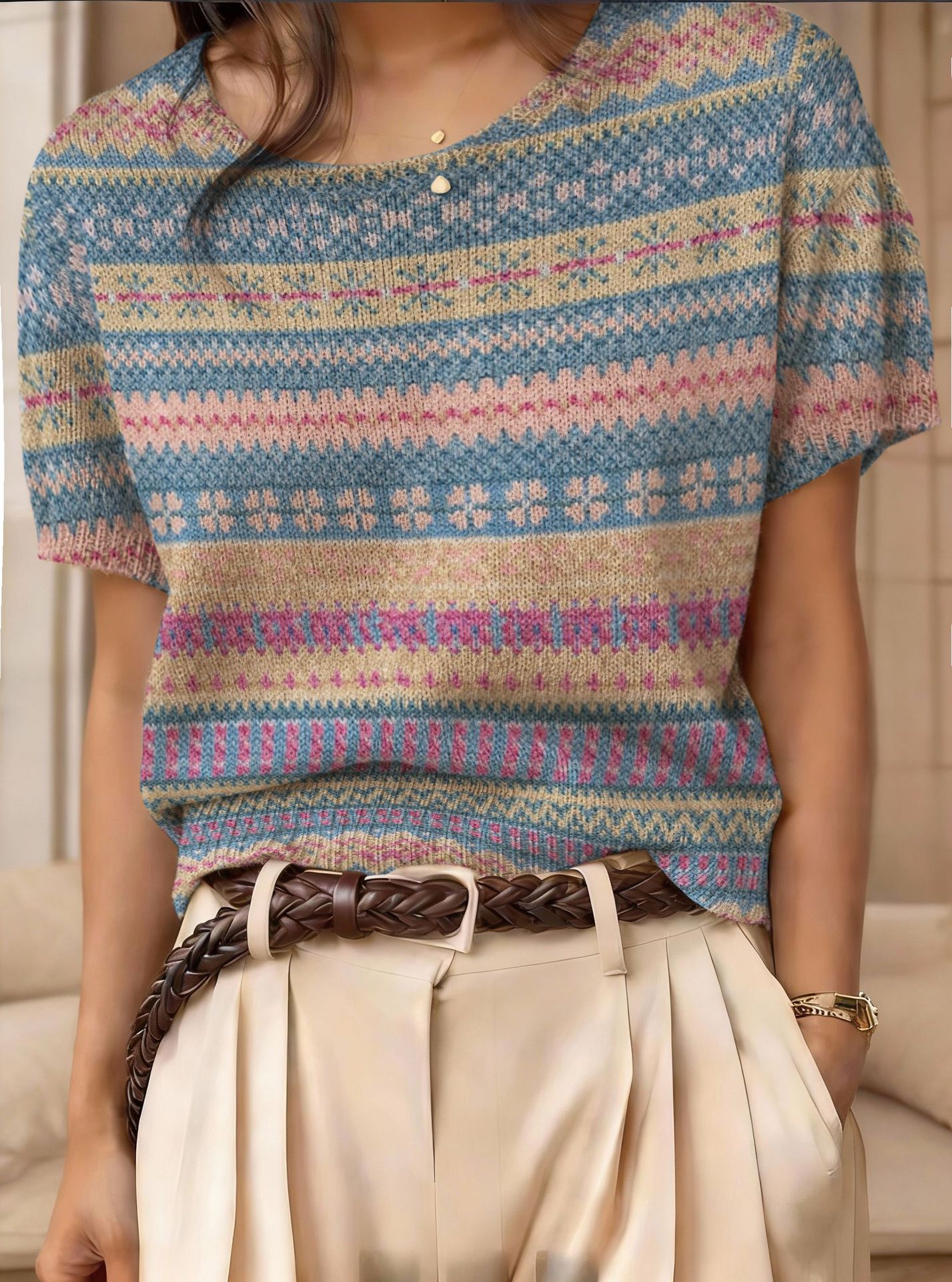 Women's Retro Short-Sleeve Jacquard Knit Top FitiqueFit