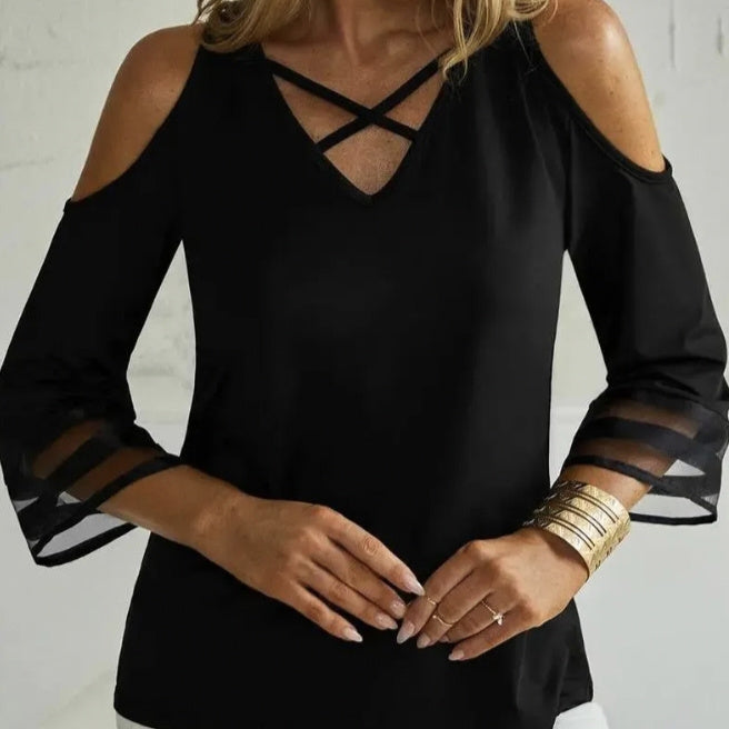 Women’s Off-Shoulder Cross Collar Long Sleeve Top FitiqueFit