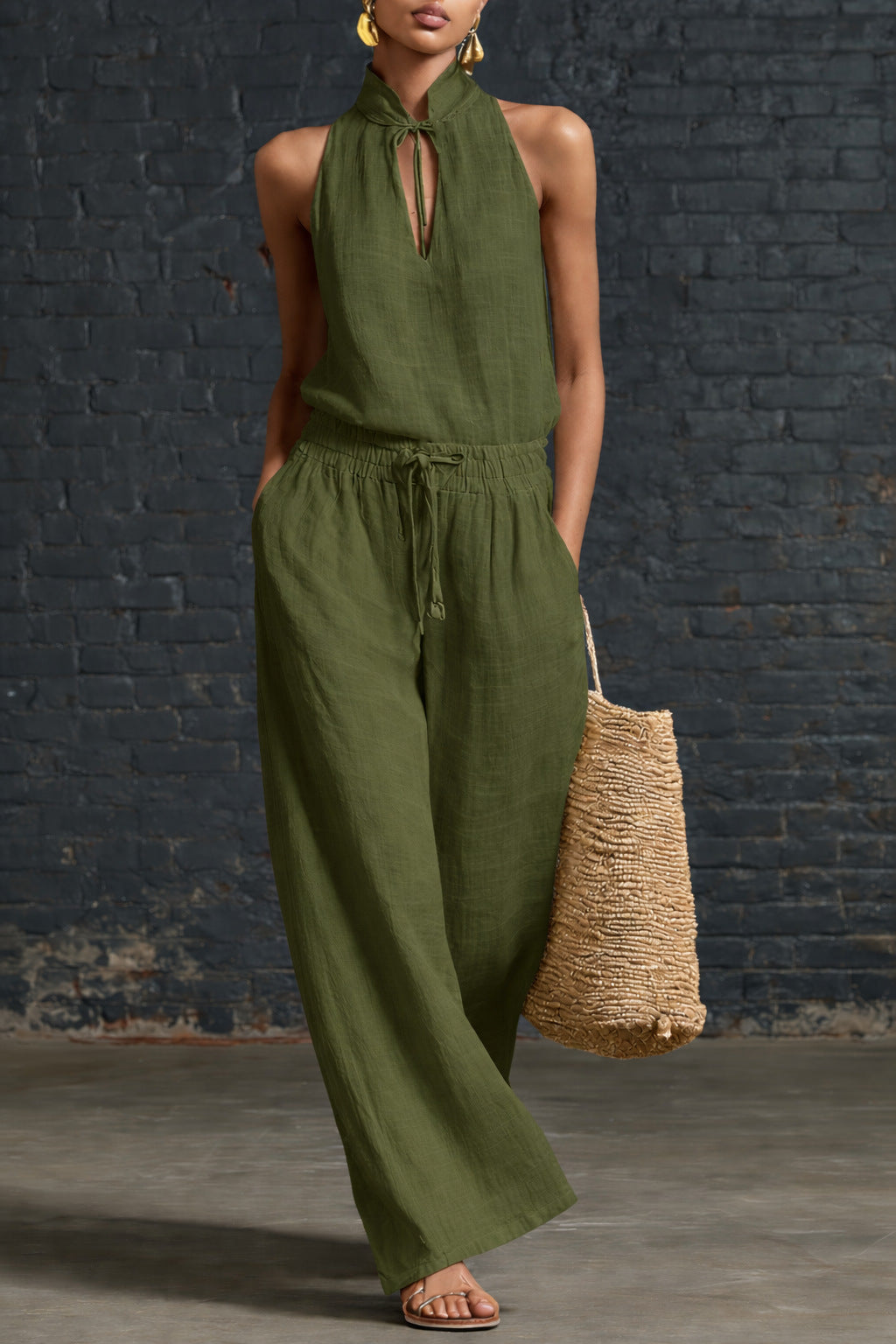 Women's Cotton Linen Sleeveless Top & Wide-Leg Pants Two-Piece Set FitiqueFit