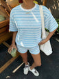 Women's Crew-Neck Spliced Short-Sleeve T-Shirt & Shorts Set FitiqueFit