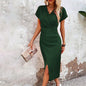 Split V-Neck Bodycon Dress – Slim Fit Short Sleeve Slit Dress FitiqueFit