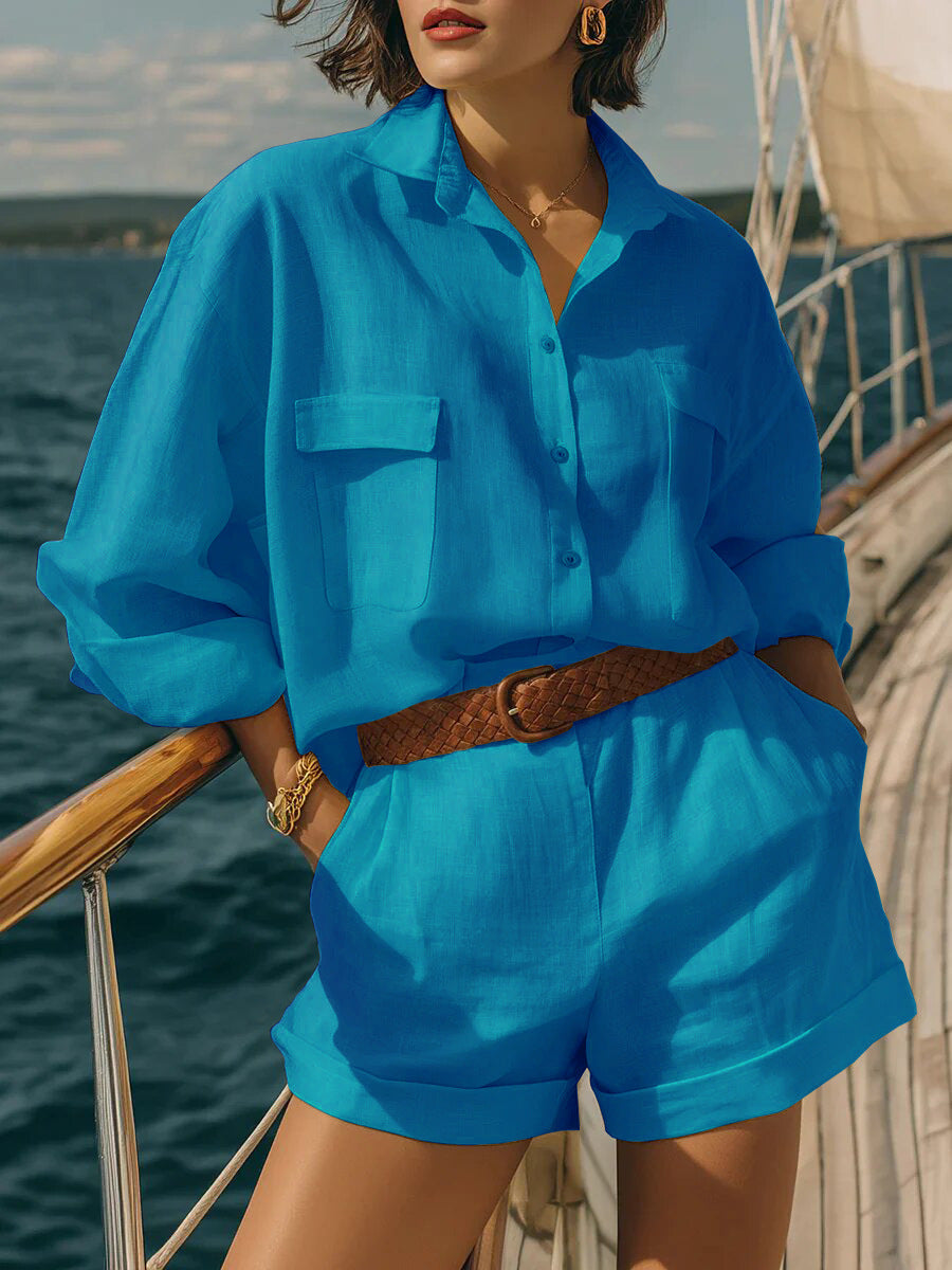 Cotton-Linen Loose-Fit Button-Down Shirt and Shorts Casual Set FitiqueFit