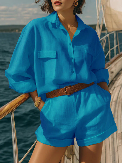 Cotton-Linen Loose-Fit Button-Down Shirt and Shorts Casual Set FitiqueFit