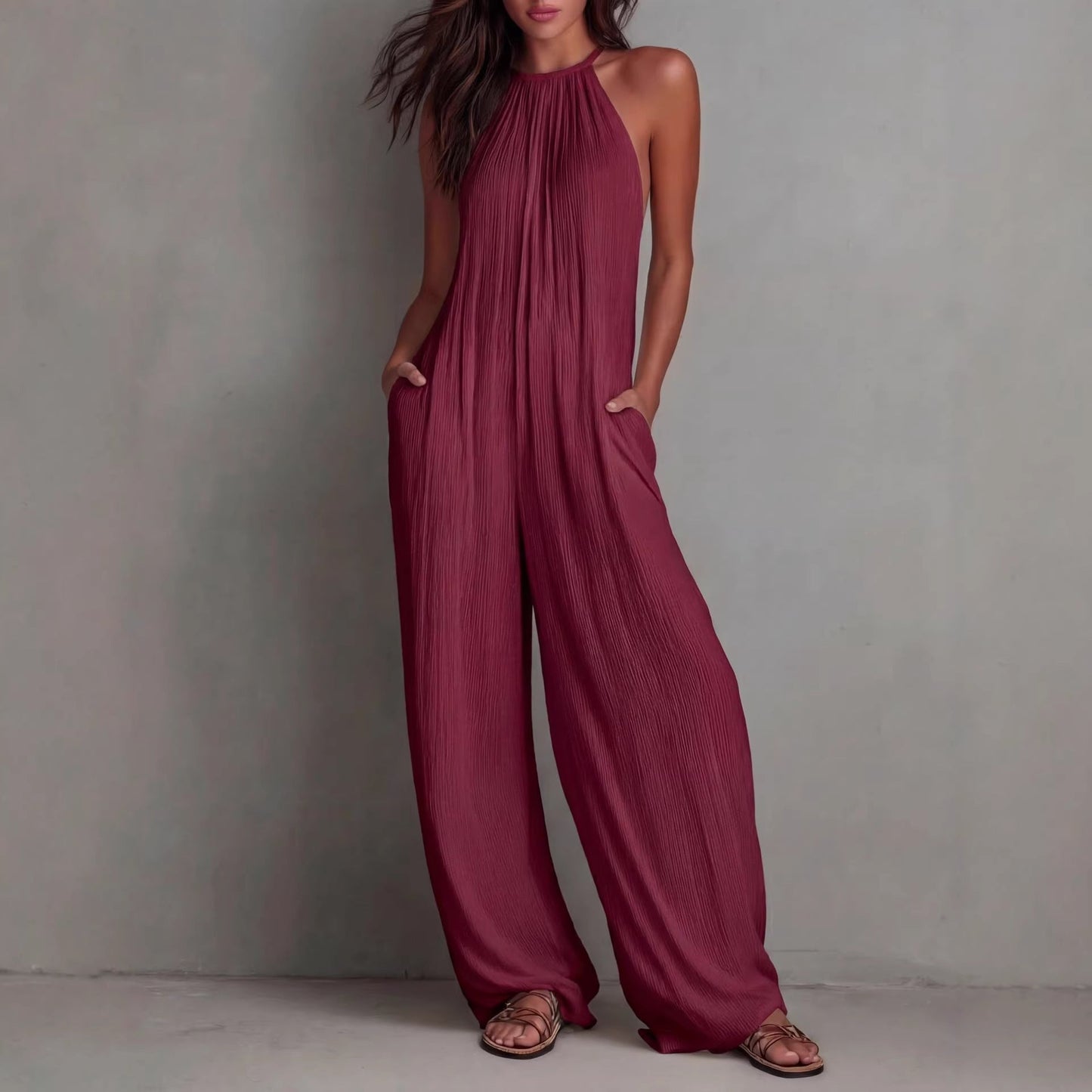 Women's Sleeveless Open-Back Wide-Leg Pleated Jumpsuit FitiqueFit