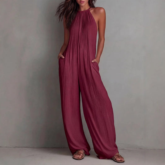 Women's Sleeveless Open-Back Wide-Leg Pleated Jumpsuit FitiqueFit