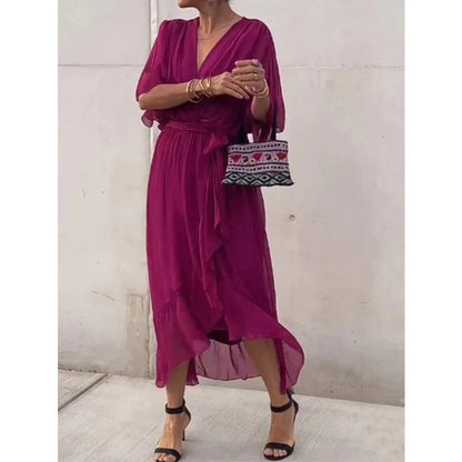 Batwing Sleeve V-Neck Midi Dress – Tied Irregular Hem Fairy Dress FitiqueFit