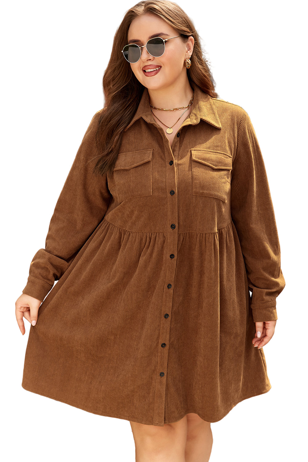 Camel Corduroy Full Buttoned Collared Shirt Style Plus Size Dress Garden Naked Curves