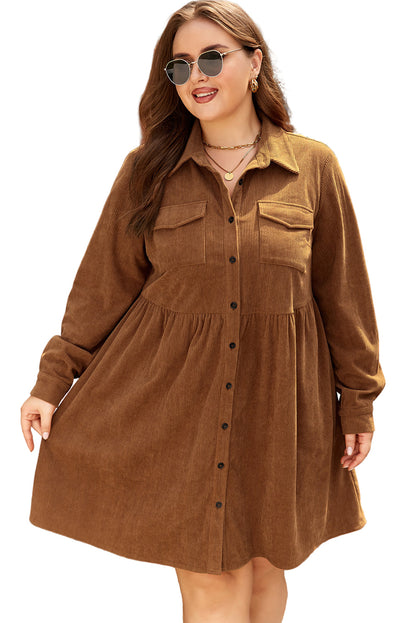 Camel Corduroy Full Buttoned Collared Shirt Style Plus Size Dress Garden Naked Curves