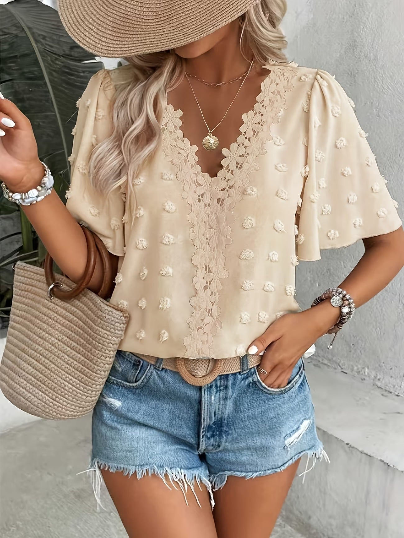 Women's V-Neck Lace-Trim Swiss Dot Short-Sleeve Top – Casual Loose Fit FitiqueFit
