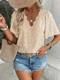 Women's V-Neck Lace-Trim Swiss Dot Short-Sleeve Top – Casual Loose Fit FitiqueFit