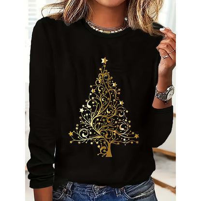 Women’s Long Sleeve Merry Christmas T-Shirt – Cute Christmas Tree Graphic Tee FitiqueFit