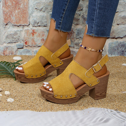 Women's Peep-Toe Chunky Heel Buckle Sandals FitiqueFit