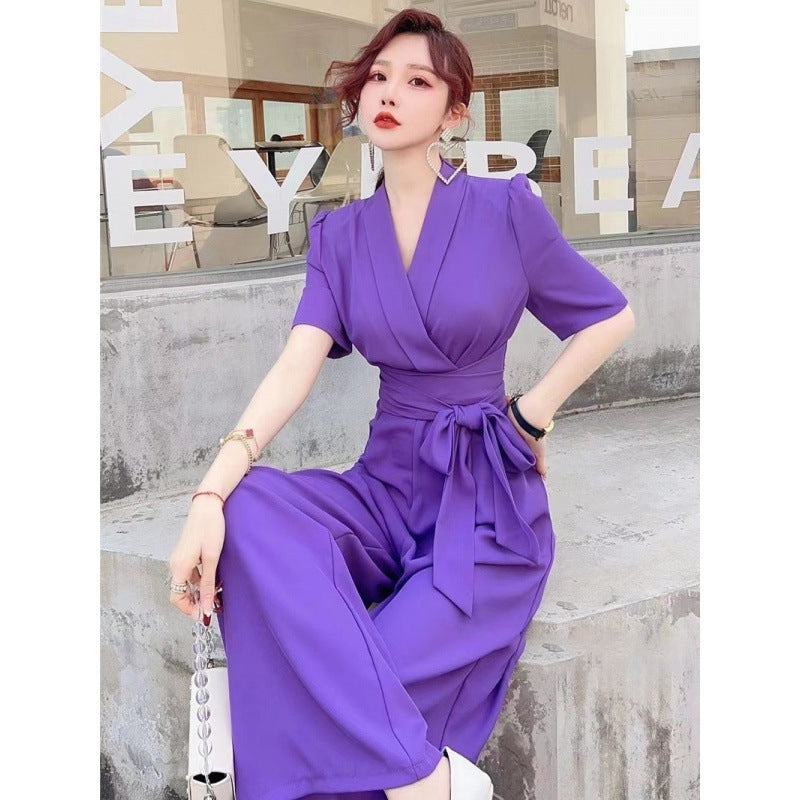 Elegant Temperament Pure Color High Waist Slimming Lace-up Wide Leg Jumpsuit Grayceful LLC