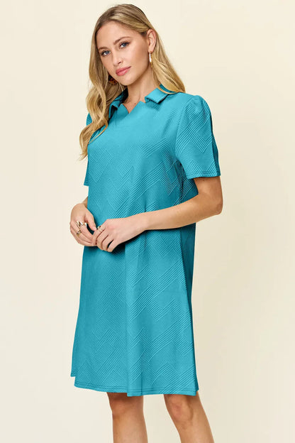 Double Take Full Size Texture Collared Neck Short Sleeve Dress West2East Surf