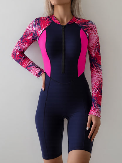 Colorblock Long Sleeves One-Piece Swimsuit Women, Zip Front Rash Guard Round Neck Tummy Control Bathing Suit, Women's Swimwear & Clothing NovaCart