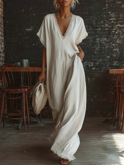 Lace-Trimmed Loose Linen Cotton Long Dress for Women FitiqueFit
