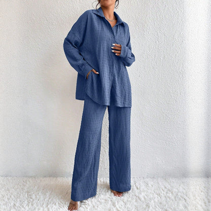 Women's Pleated Long Sleeve Lapel Two-Piece Set – Loose Top & Pants FitiqueFit