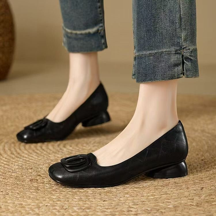 Women's French Vintage Round Toe Slip-On Flats – Low Chunky Heel Mary Jane Style FitiqueFit