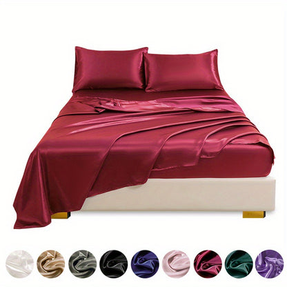 4pcs Satin Bed Sheet Four-Piece Set Includes One Fitted Sheet, One Flat Sheet, And Two Pillowcases. Pillowcases Do Not Include Inserts. Solid Colors Showcase Simple Elegance. The Simple Style Is Classic And Timeless. Polyeste NovaCart
