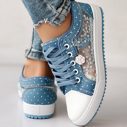 Floral Embroidered Polka Dot Print Sneakers — Women’s Casual Canvas Shoes FitiqueFit