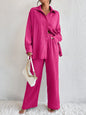 Women's Pleated Long Sleeve Lapel Two-Piece Set – Loose Top & Pants FitiqueFit