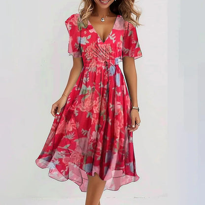 Chiffon Print V-Neck Dress – Elegant Two-Piece Set Midi Dress FitiqueFit