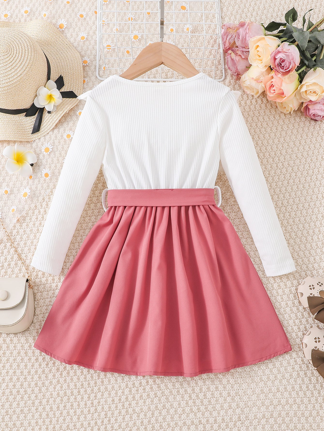 Girls' Elegant Floral Print Long Sleeve Dress with Ruffled Hem & Waist Tie - Knee-Length A-Line Skirt, Round Neck, Non-Stretch Fabric, All-Season Casual to Formal Outfits NovaCart