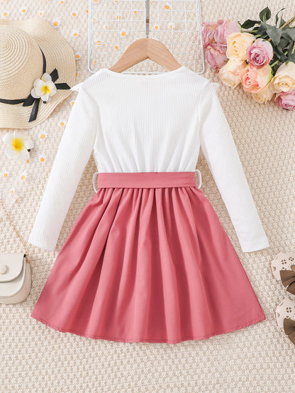 Girls' Elegant Floral Print Long Sleeve Dress with Ruffled Hem & Waist Tie - Knee-Length A-Line Skirt, Round Neck, Non-Stretch Fabric, All-Season Casual to Formal Outfits NovaCart