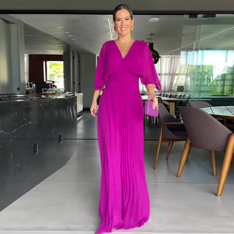 Women's Solid Color And V-neck Bat Sleeve High Waist Dress See size chart under “more details” The Fashion Celestial