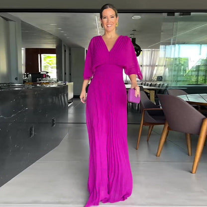 Women's Solid Color And V-neck Bat Sleeve High Waist Dress See size chart under “more details” The Fashion Celestial