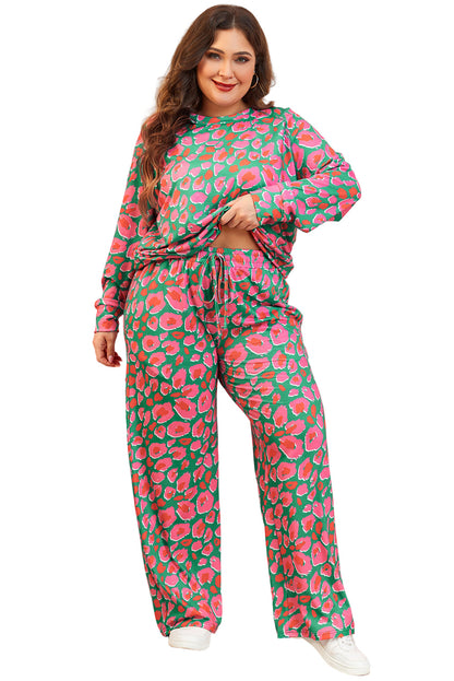 Green Plus Size Printed Long Sleeve and Pants Lounge Set Garden Naked Curves