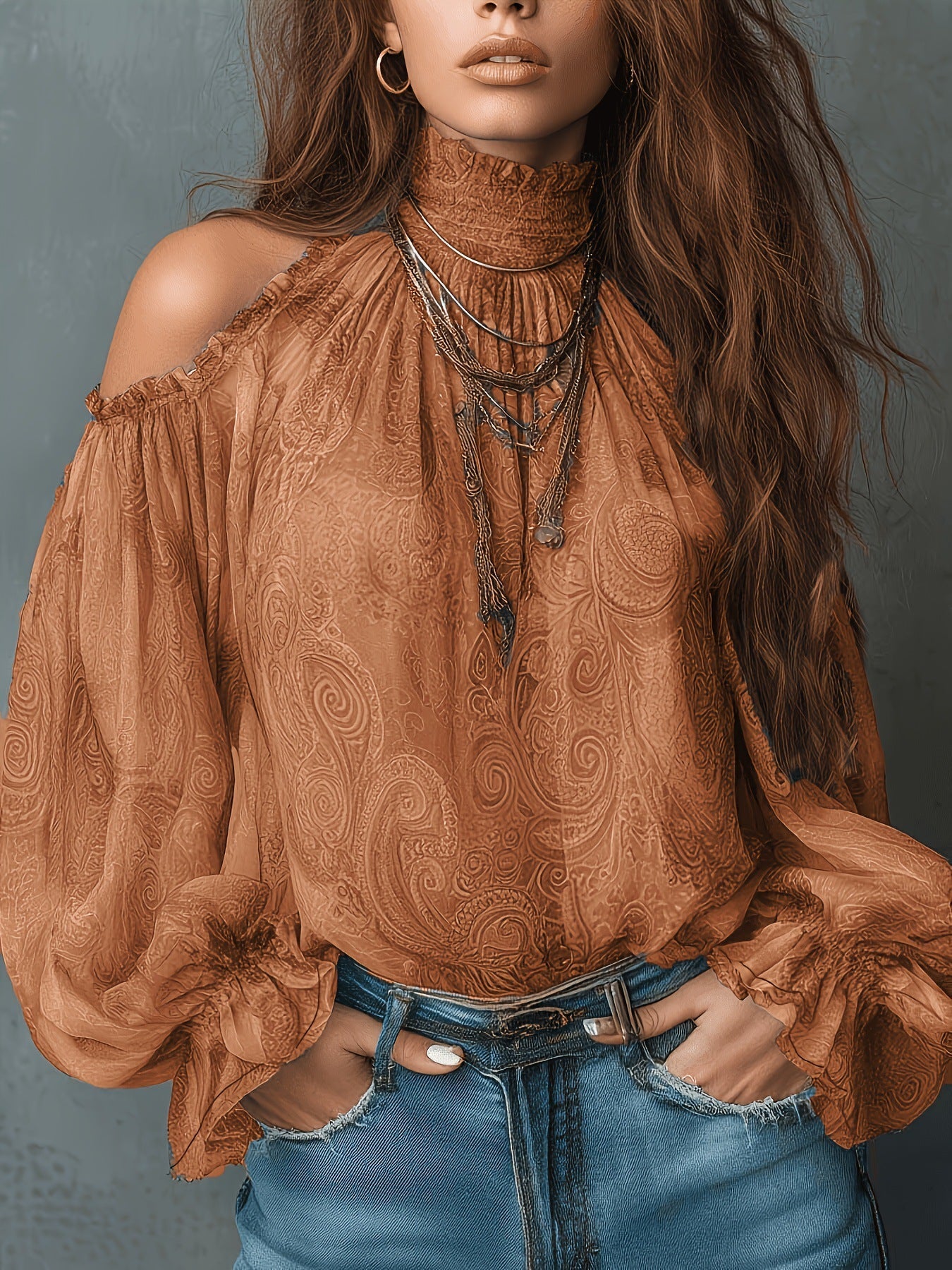 Women's Retro Cashew Print Off-Shoulder Blouse with Lantern Sleeves FitiqueFit