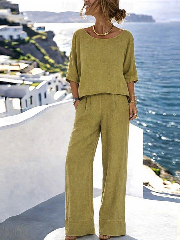 Women's Cotton Linen Resort Set – Short Sleeve Top & Wide-Leg Pants FitiqueFit