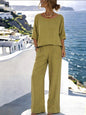 Women's Cotton Linen Resort Set – Short Sleeve Top & Wide-Leg Pants FitiqueFit
