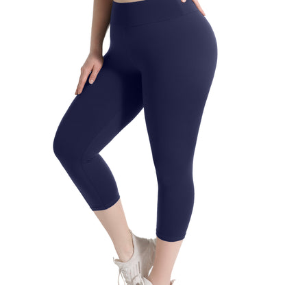 Women'S Plus Size Capri Leggings, High Waist Tummy Control, 4X Stretch, Pocket Detail, Solid Black, Knit Fabric, Polyester 92%, Spandex 8%, 210g/m², All Season Skinny Yoga Pants NovaCart